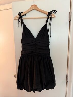 Black Tie-Shoulder V-Neck Bubble Hem Dress